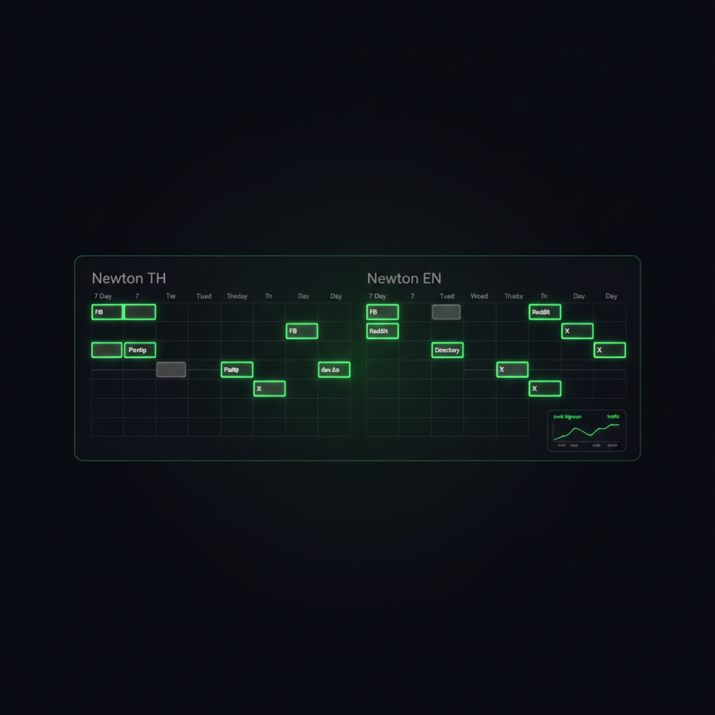 A small launch dashboard showing Newton TH and Newton EN side by side with weekly task calendars and a metrics panel pulling live MRR from the SaaS database