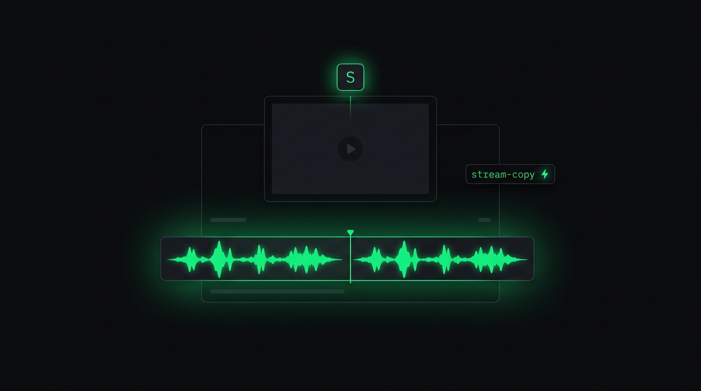 A stripped-down browser video editor my AI built — using ffmpeg stream-copy to export 90 minutes in 30 seconds