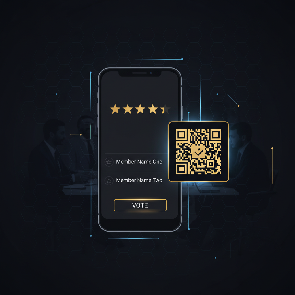 BNI weekly voting web app with dark theme and gold star ratings