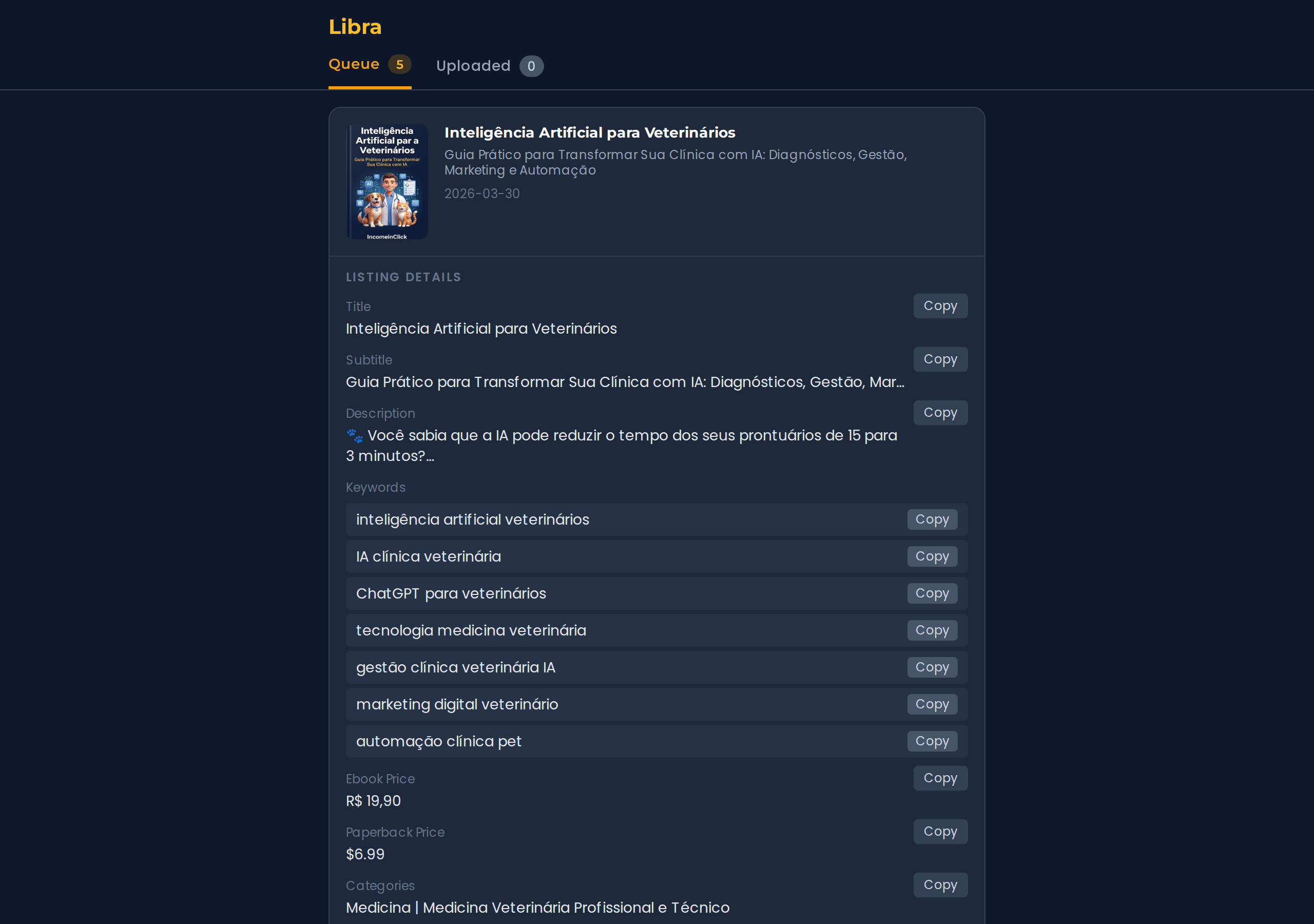 Libra dashboard managing Amazon KDP ebook catalog