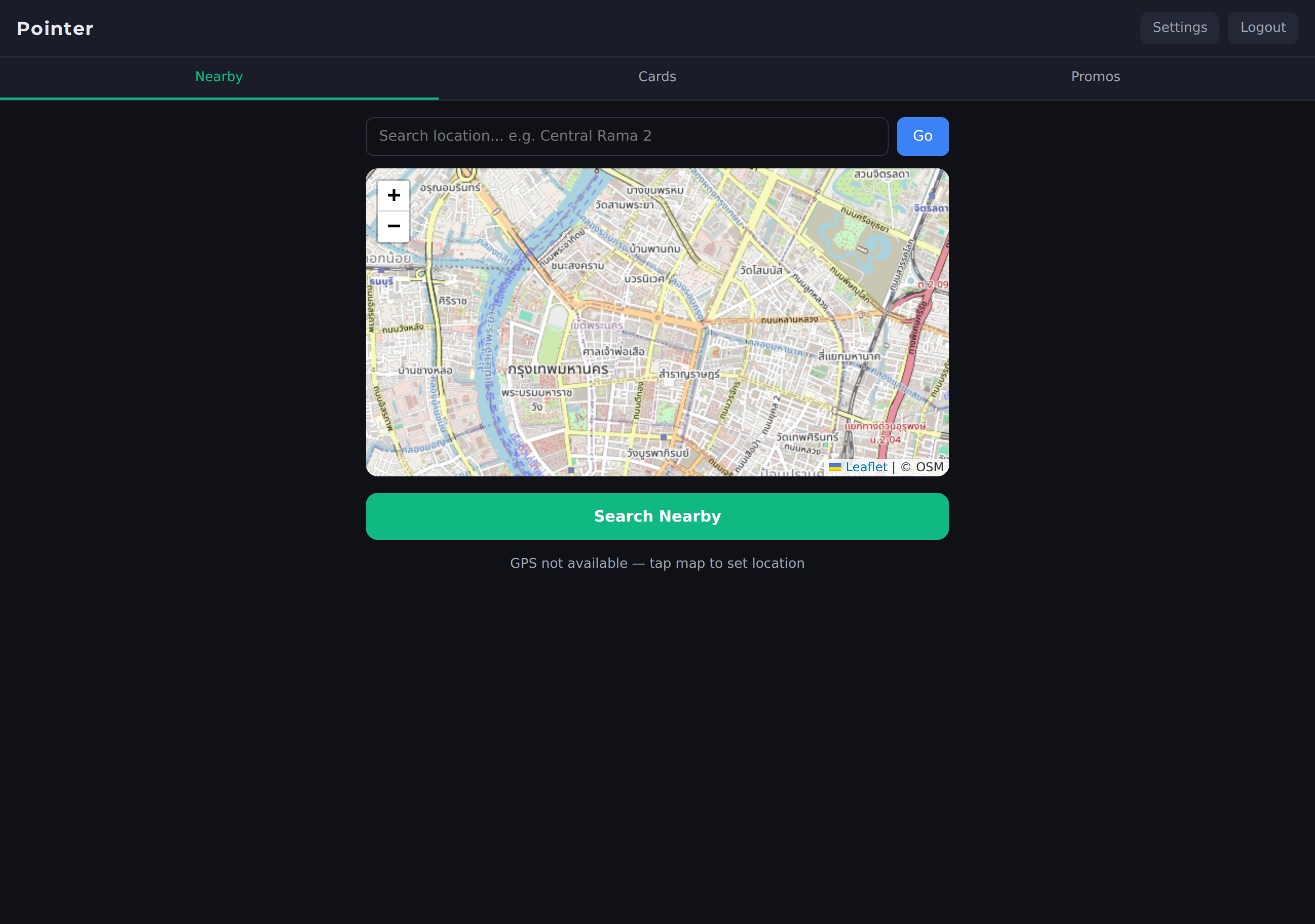 Pointer app showing GPS-based credit card deal finder with interactive map